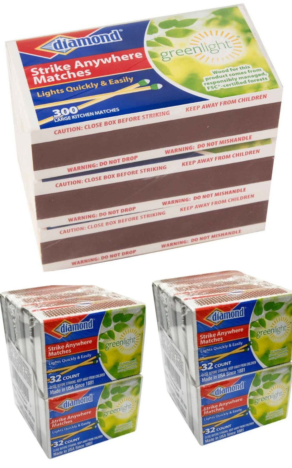(5 Boxes) (300ct & 32ct Per Box) Greenlight Diamond Strike Anywhere Matches New