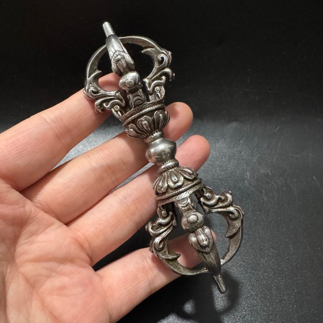 Vintage Himalayan Iron Ritual Vajra Detailed FivePronged Dorje withSilver Patina