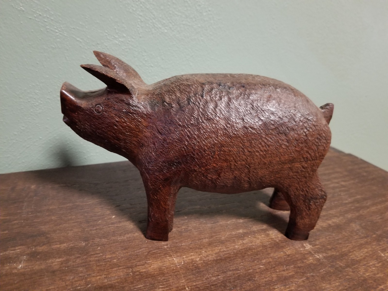 Vintage Folk Art Hand Carved Wood Boar Pig Statue Figurine