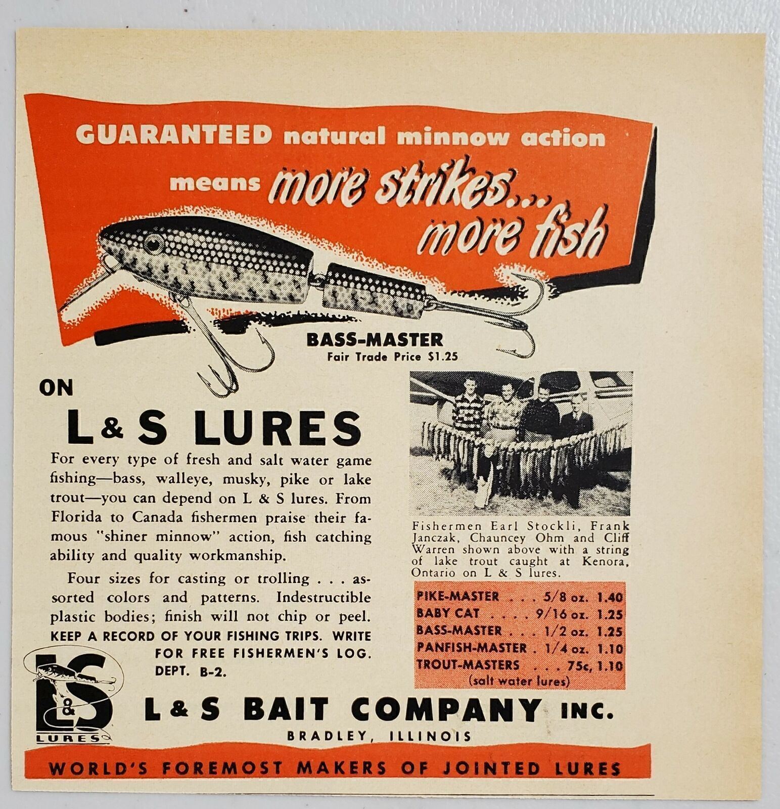 1951 Print Ad L&S Bass-Master Fishing Lures Bait Company Bradley,Illinois