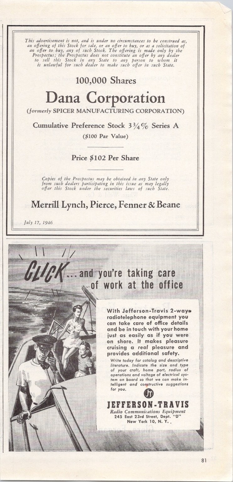 Jefferson-Travis Dana Corp 1946 Vintage Magazine Print Ad Radio Equipment Stock