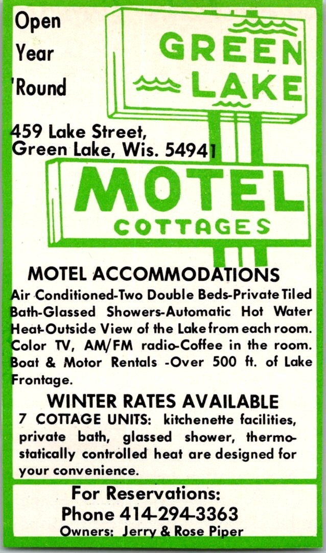 Green Lake Motel Cottages Jerry & Rose Piper Green Lake WI 1979 Ad 4AF2-S54 Green Lake Motel Cottages Jerry & Rose Piper Green Lake WI 1979 Ad 4AF2-S54