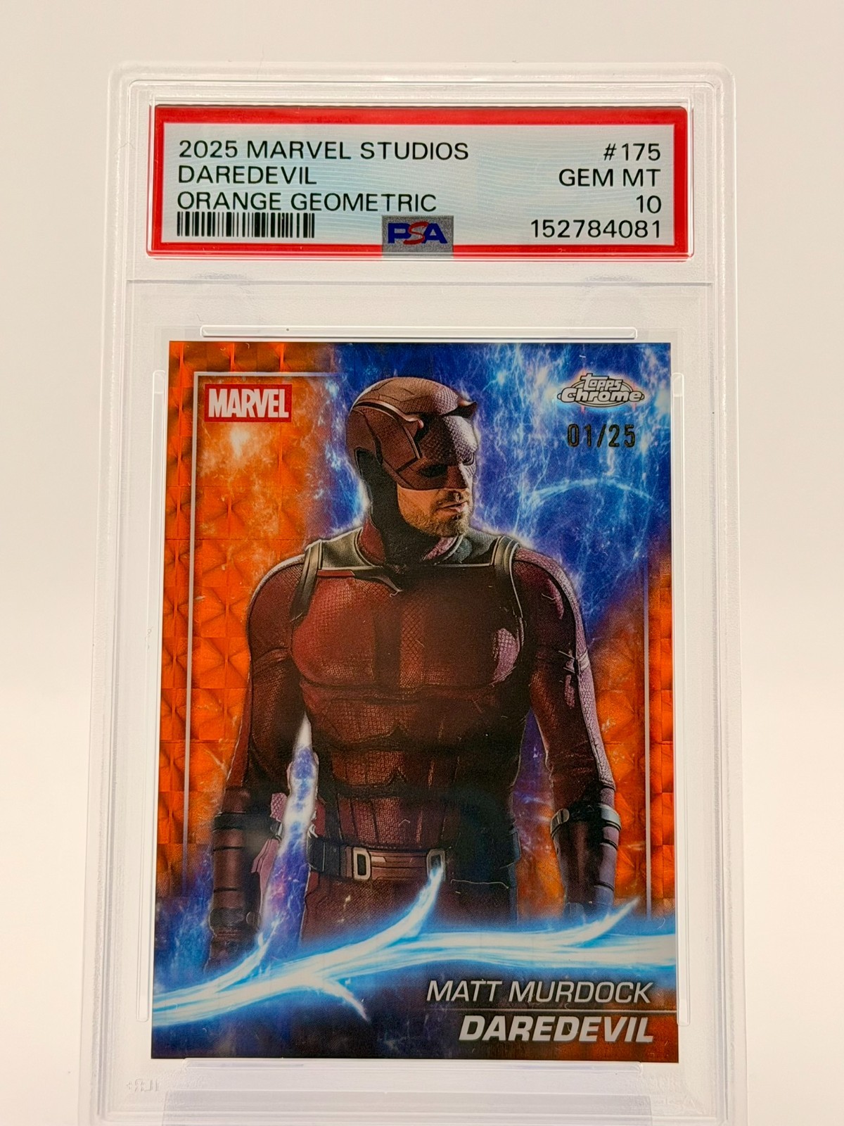 2025 Topps Marvel Studios Chrome #175 Daredevil Orange Geometric /25 PSA 10 2025 Topps Marvel Studios Chrome #175 Daredevil Orange Geometric /25 PSA 10