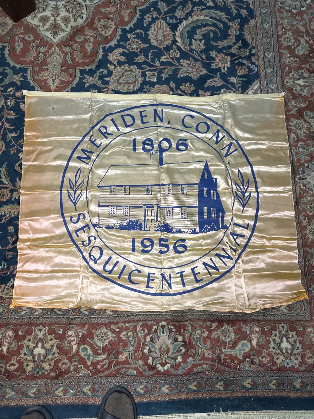 VTG 1955 Sesquince Centennial Flag Banner 32x40” Meriden Connecticut RARE MCM