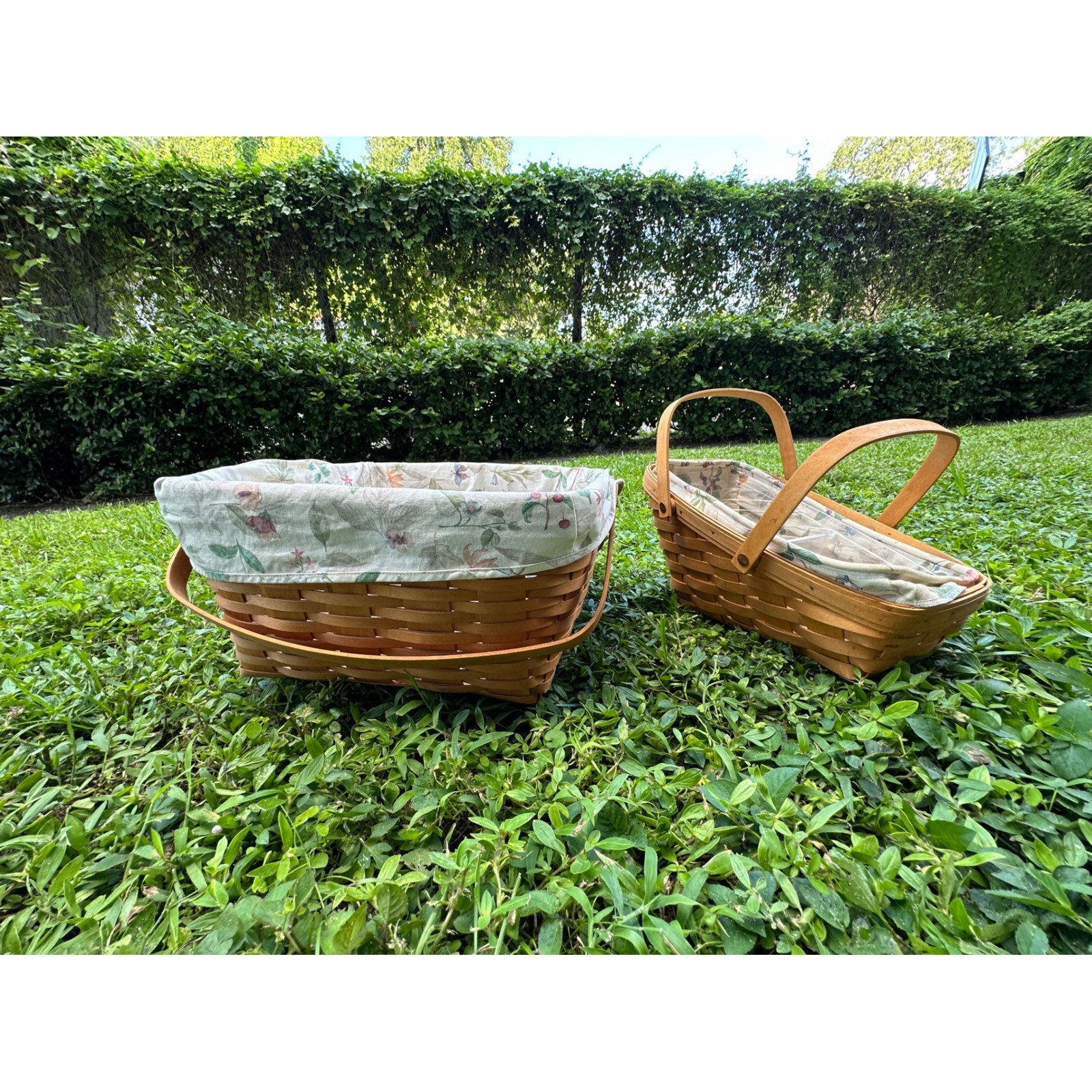Longaberger Handwoven Baskets Set of 2 Floral Liner Dresden Ohio Farmhouse Decor