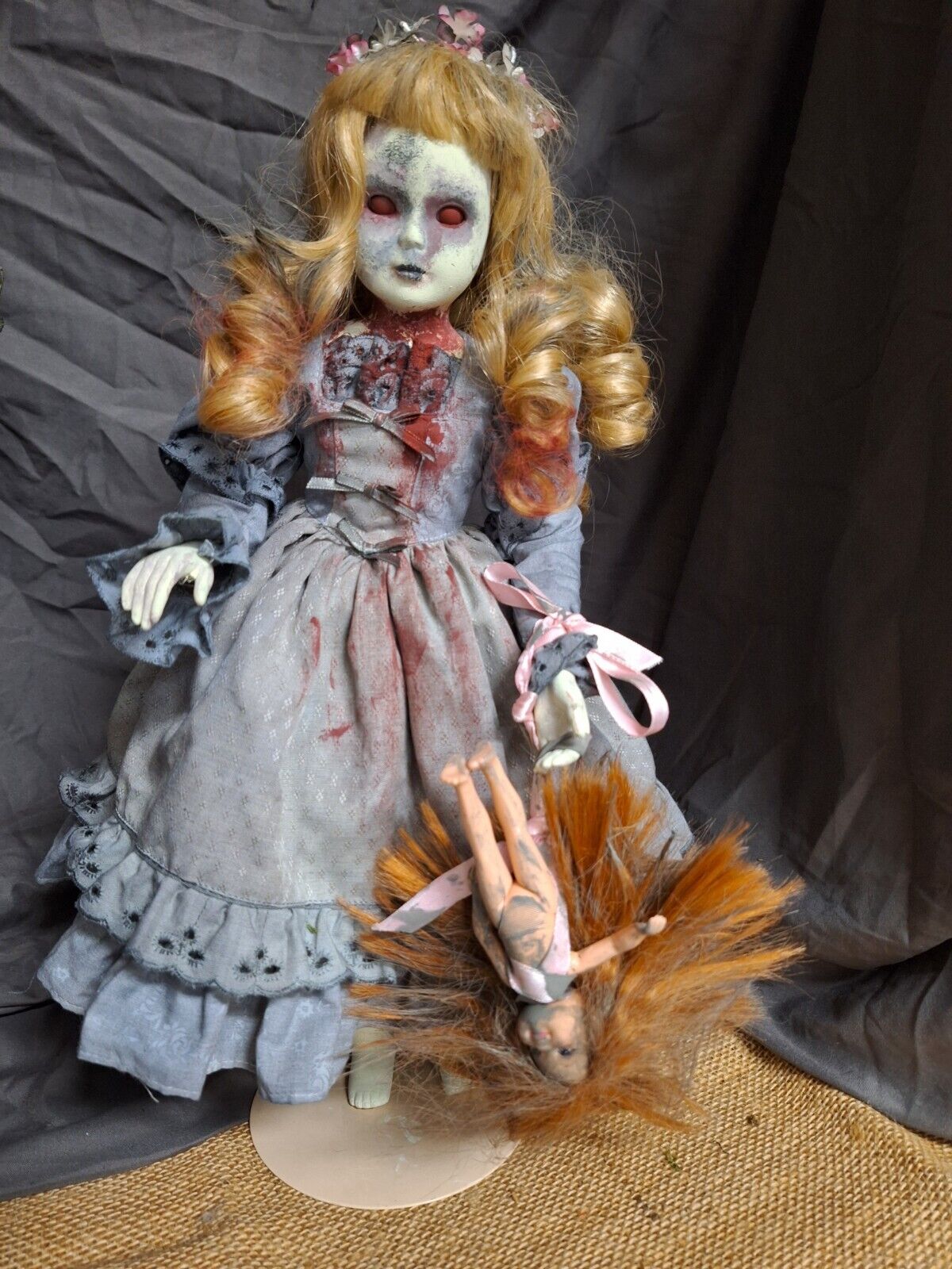 OOAK Doll With Her Doll, 15 In Tall, Handpainted, Halloween Prop, W/stand