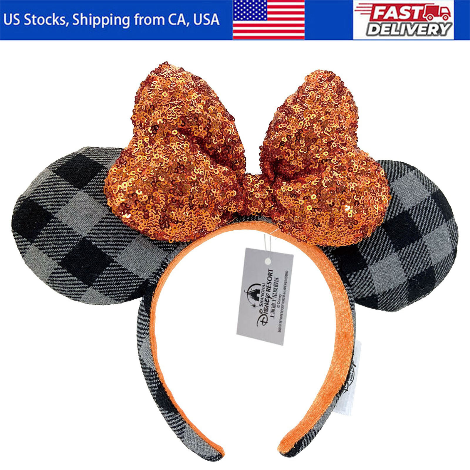 Disney-Park's Minnie Ears Orange Bow Sequin Halloween Plaid Headband 2025
