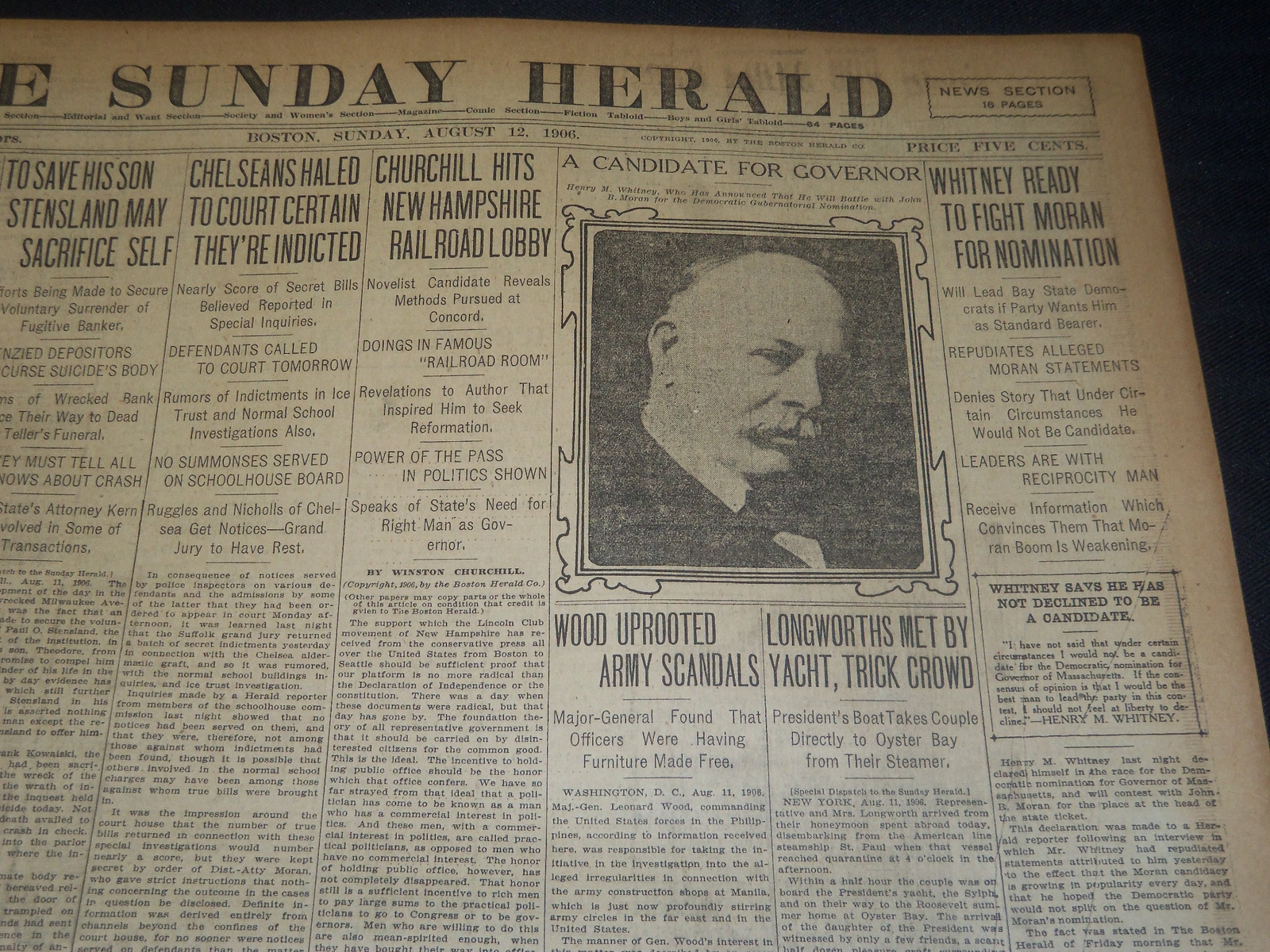 1906 AUGUST 12 THE BOSTON HERALD - WHITNEY TO FIGHT MORAN FOR NOMINATION- BH 112