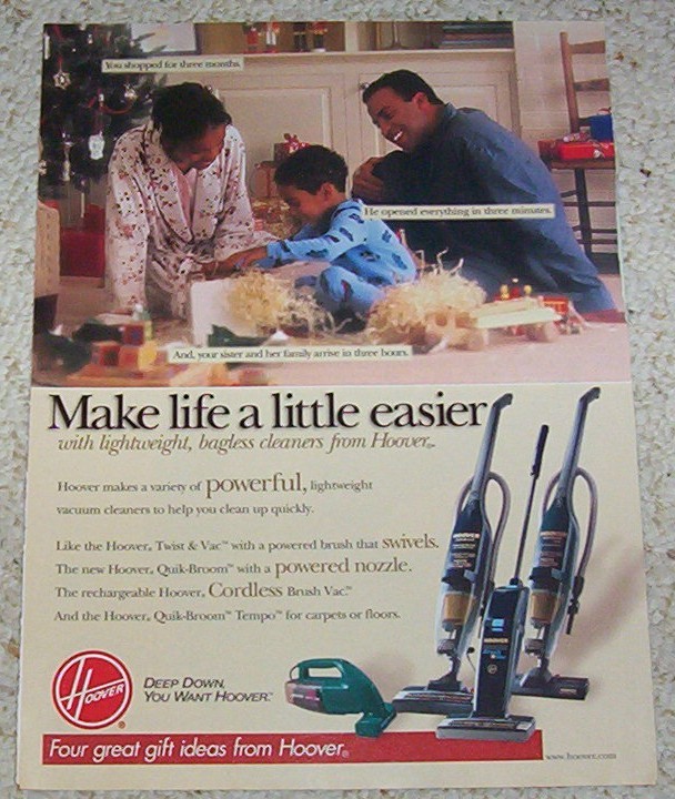 1999 advertising print ad - Hoover Vacuum cleaners - little boy family Christmas