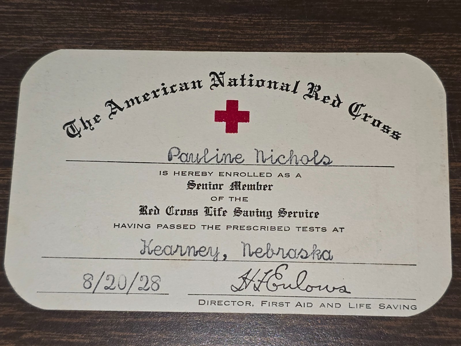 Post WWI American Red Cross Enrollment Card Named to Nichols Dated 1928