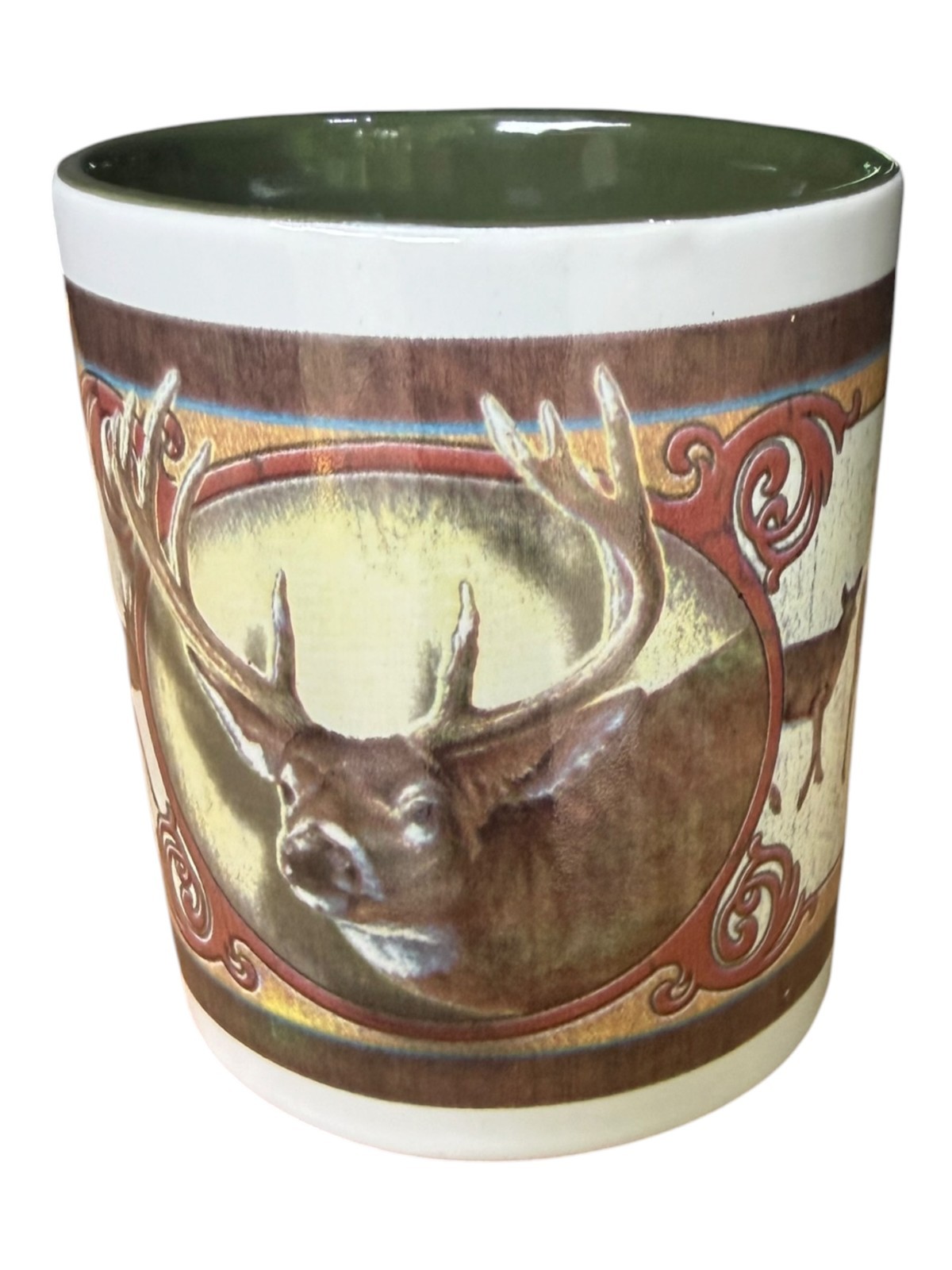 Vintage Bob Schmidt Deer Deco Buck Hunting Ceramic Coffee Mug White Brown