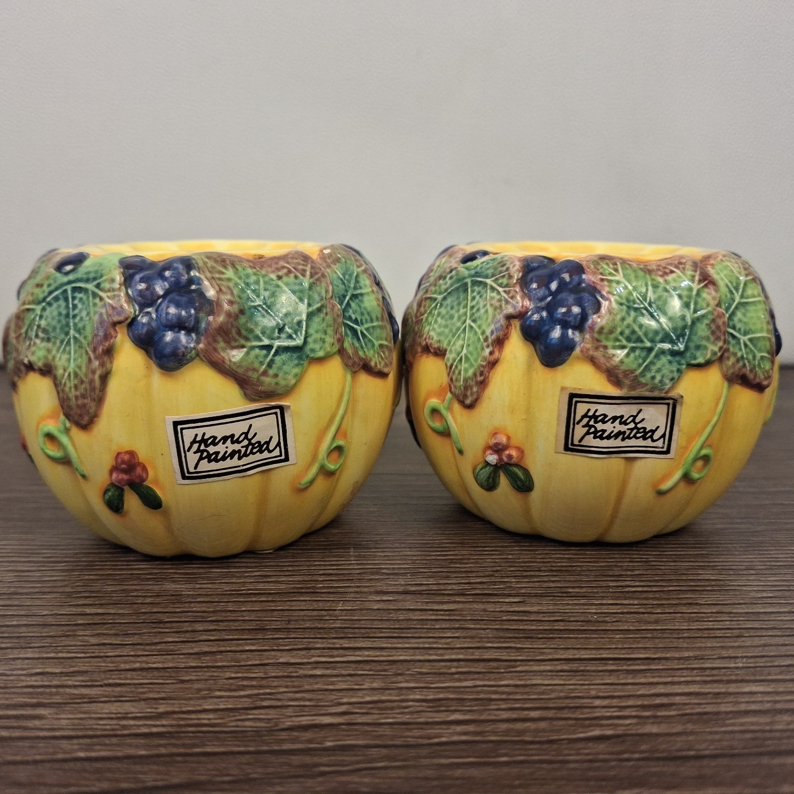 Vtg Fitz and Floyd Hand Painted Pumpkin Grapes Leaf Votive Candle Holders Pair Vtg Fitz and Floyd Hand Painted Pumpkin Grapes Leaf Votive Candle Holders Pair