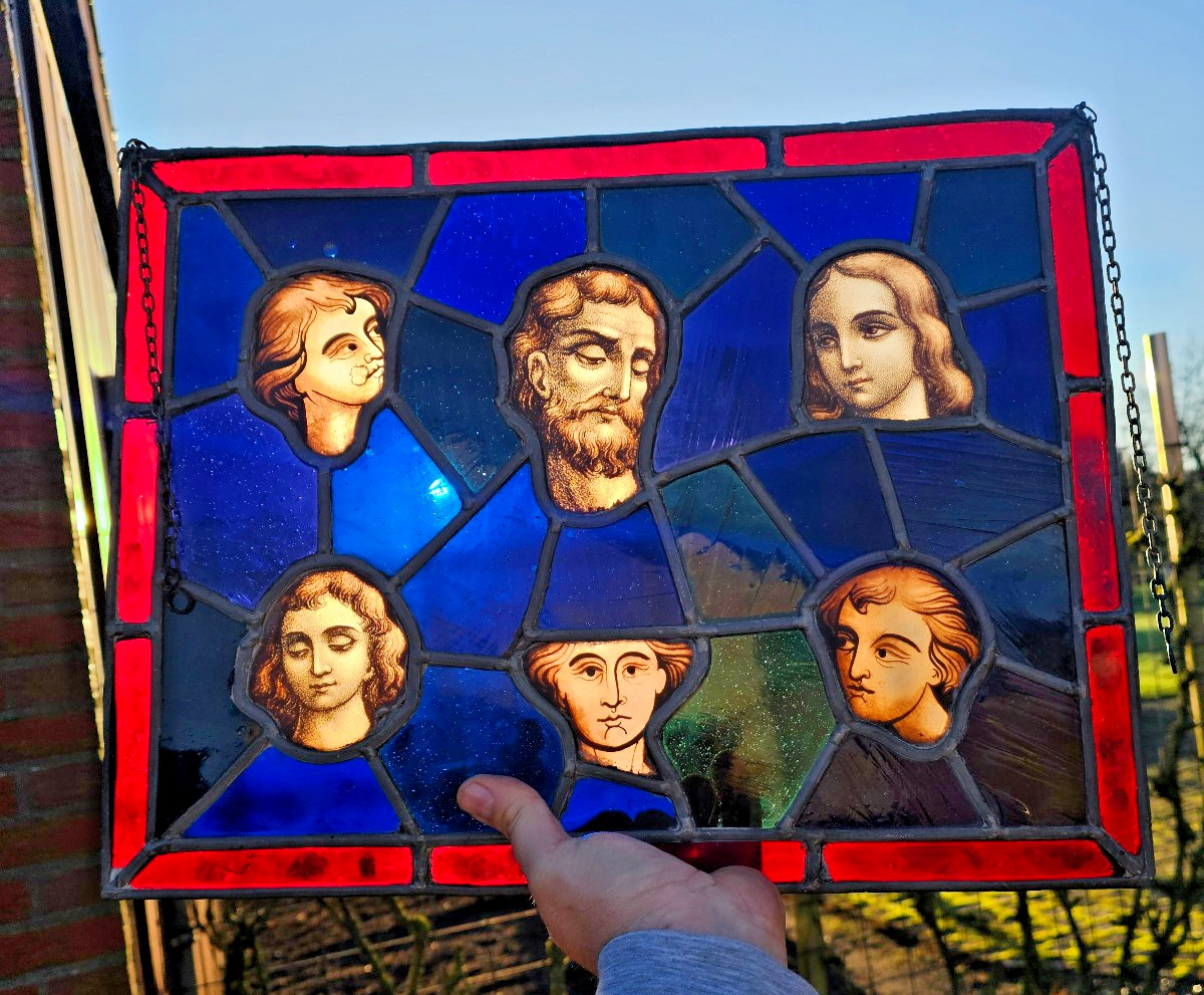 Antique 19thc stained glass window panel Religious heads Saints
