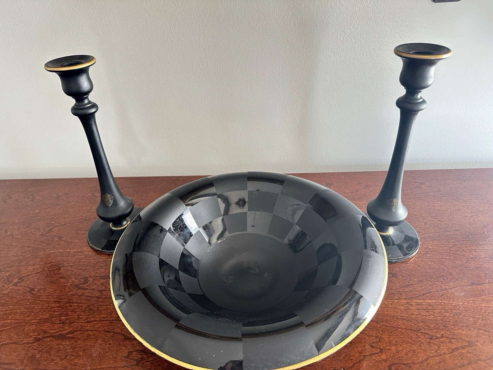 Antique c1920s US Glass Co Art Deco Harlequin Black Glass 3 Piece Console Set