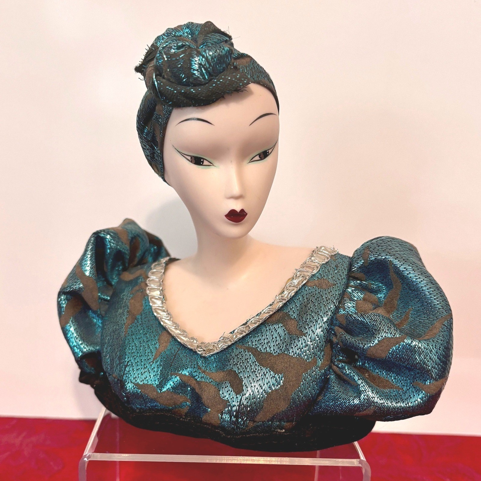 Vintage Porcelain Bust Asian Woman Shimmering Teal Dress Hand Painted 1970s 6
