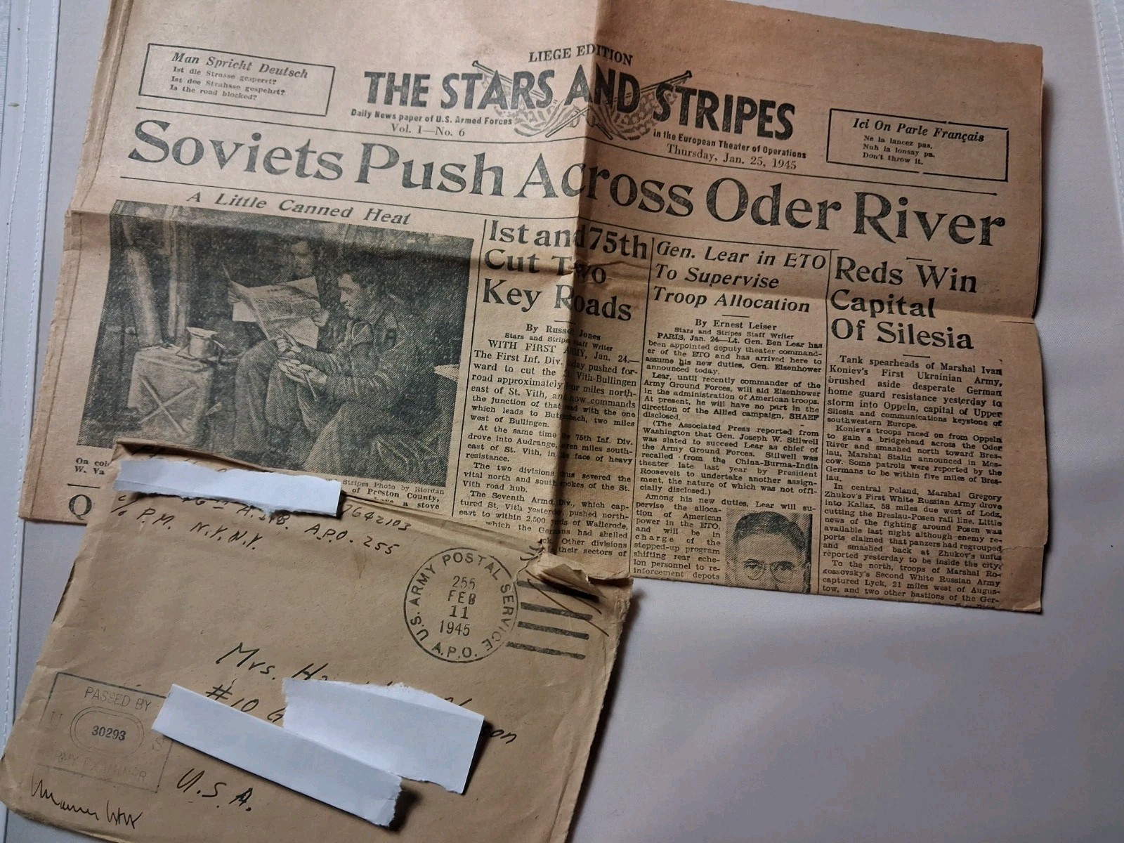 Vtg Wwii Letter Apo 255 46th AIB Stars n Stripes Newspaper Oder River '45