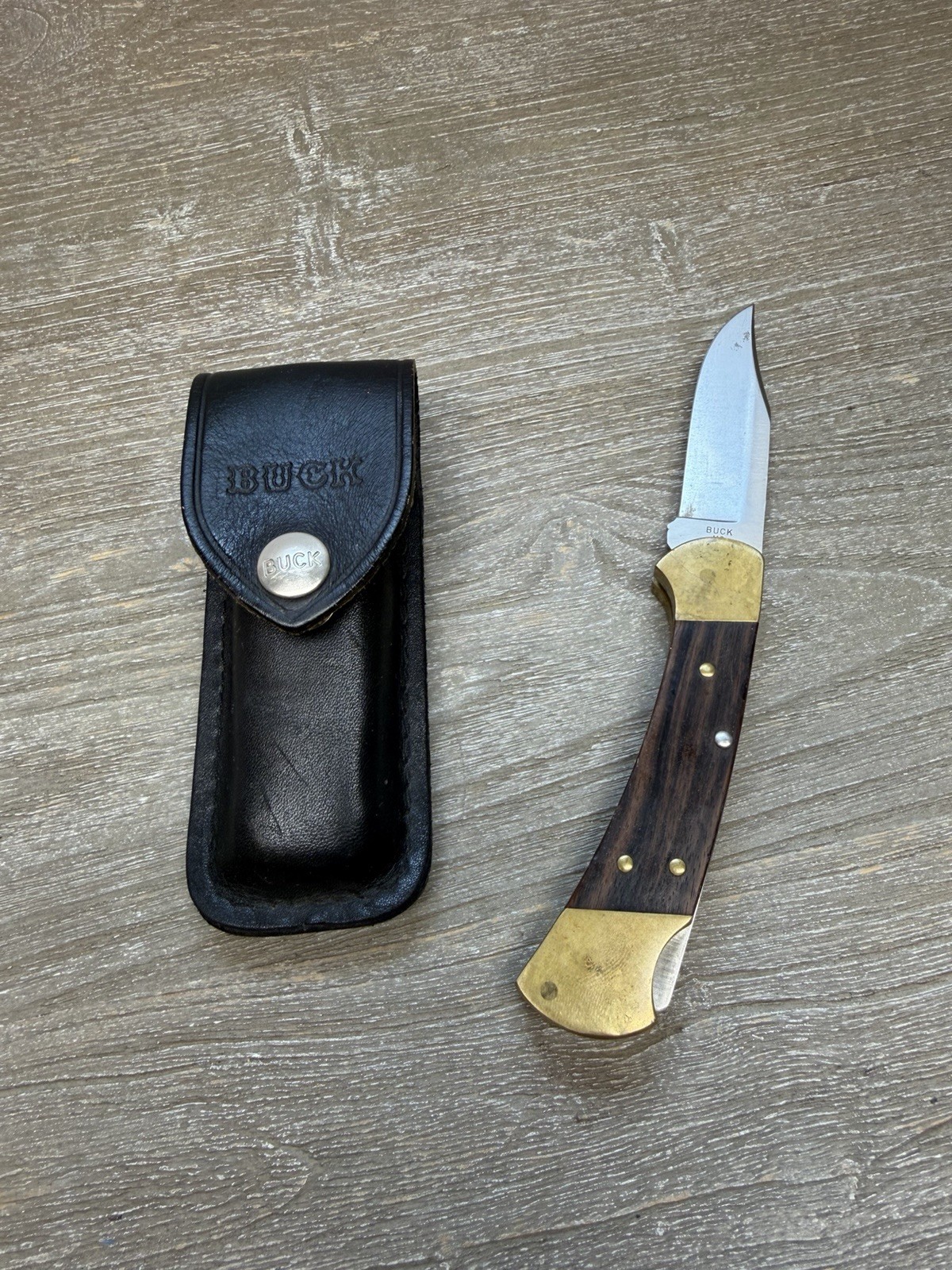 Vintage Buck 112 Ranger Folding Lockback Knife Wood Brass Handle Leather Sheath