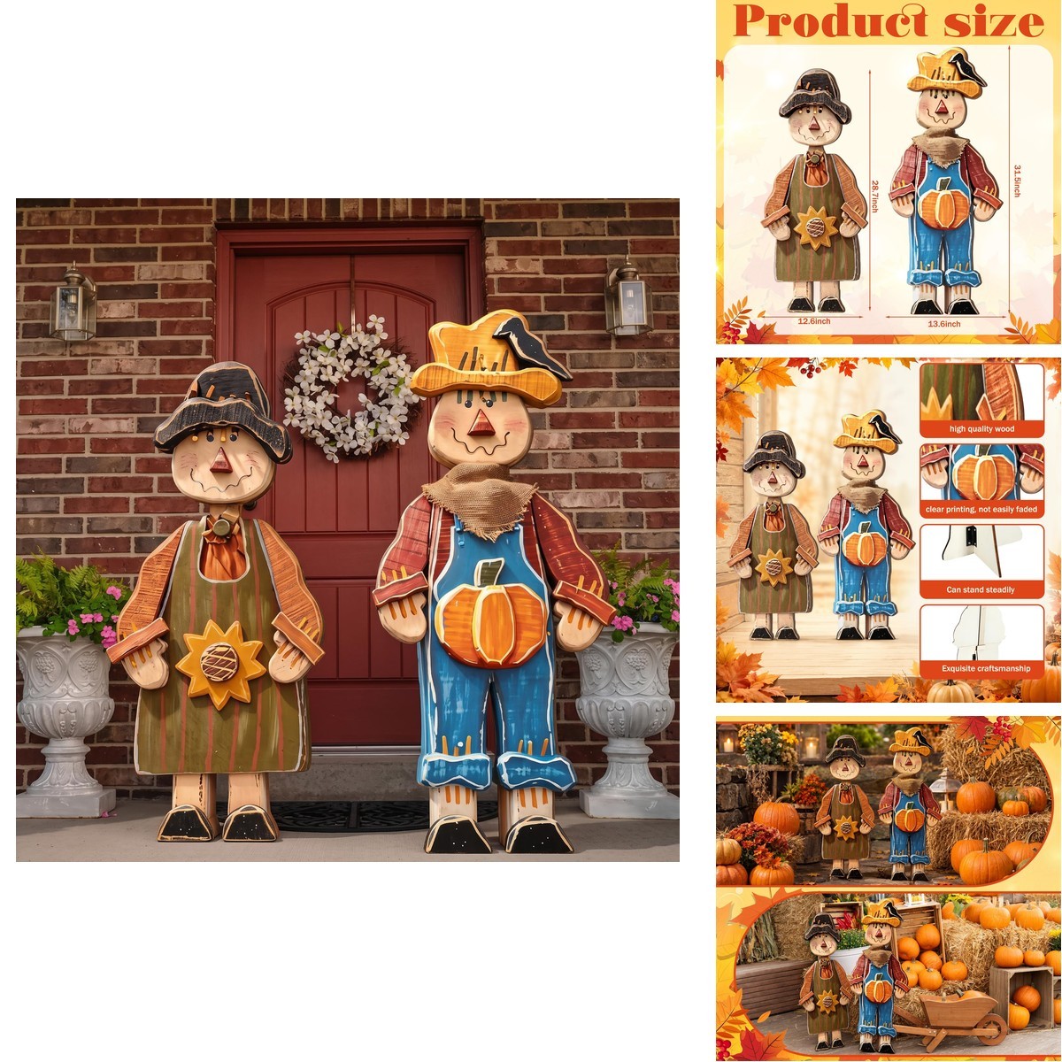 Beeveer 2 Pcs Fall Wooden Scarecrow Standing Porch Sign Outdoor Fall Decor