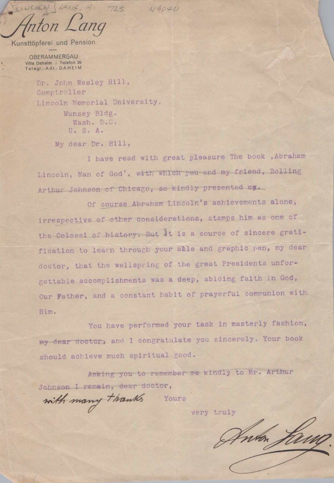 ANTON LANG 1875-1938 played Christ in Passion Plays HAND SIGNED LETTER AUTOGRAPH