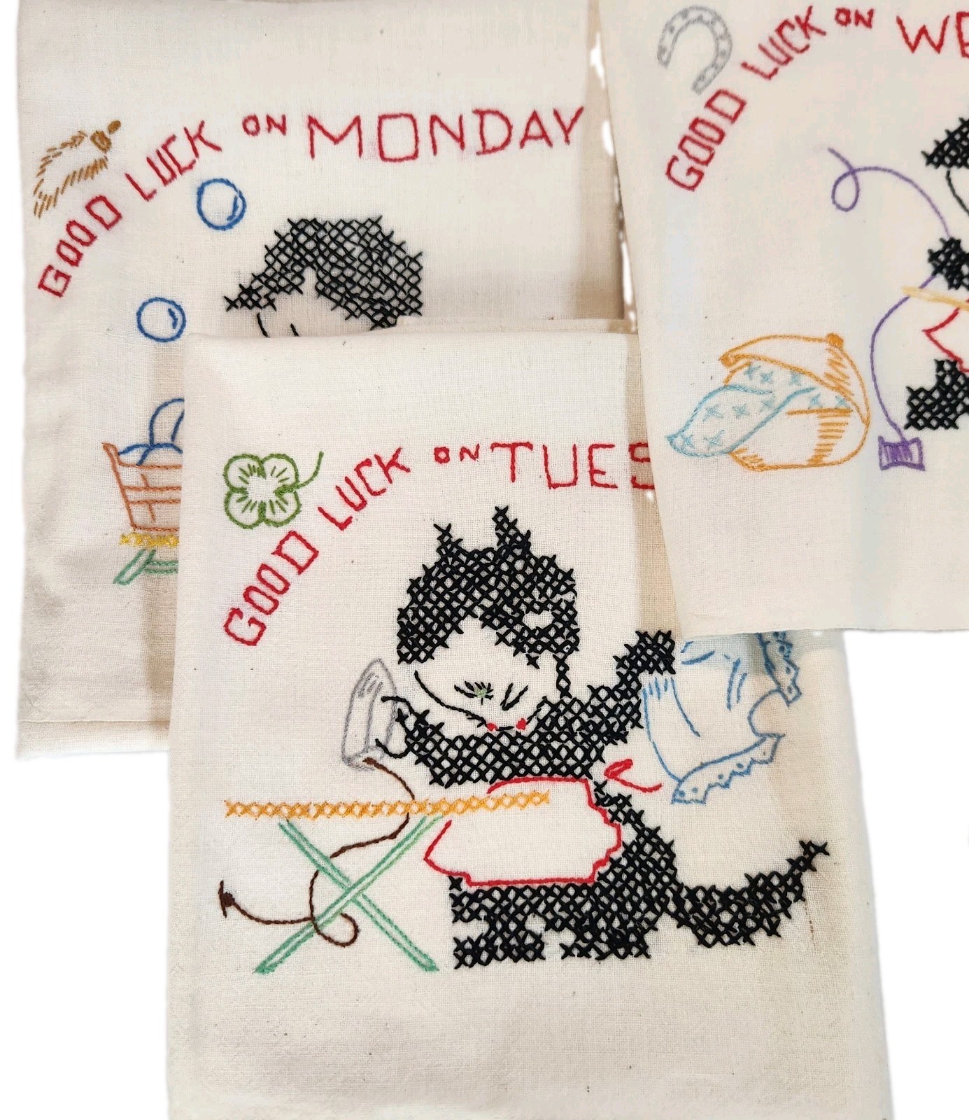 6 VTG Anthropomorphic Embroidered Dish Towels Days / Week Cat Kittten Flour Sack