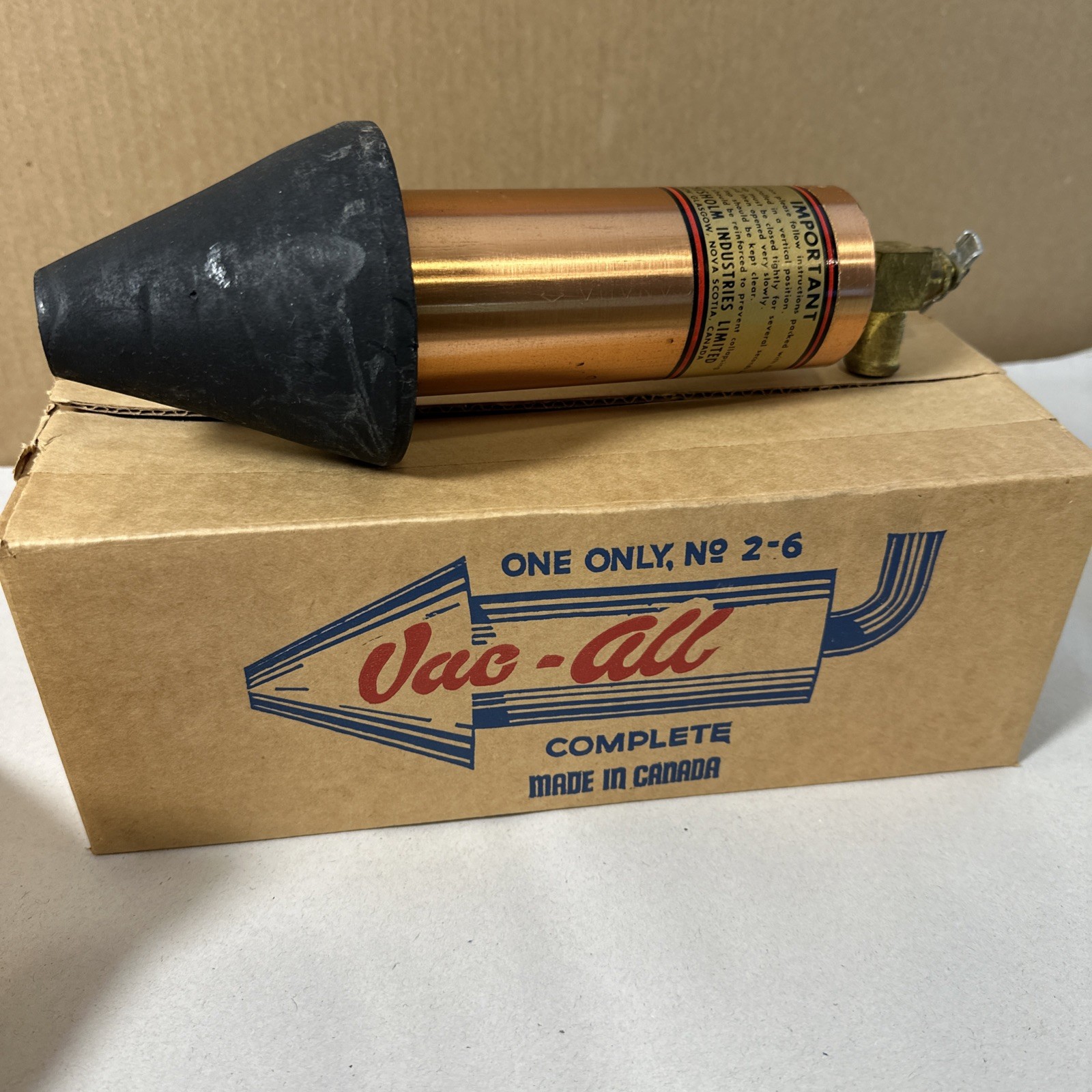 Vac All Vintage Copper Gas Tank Filler Nova Scotia Chisholm New Old Stock In Box