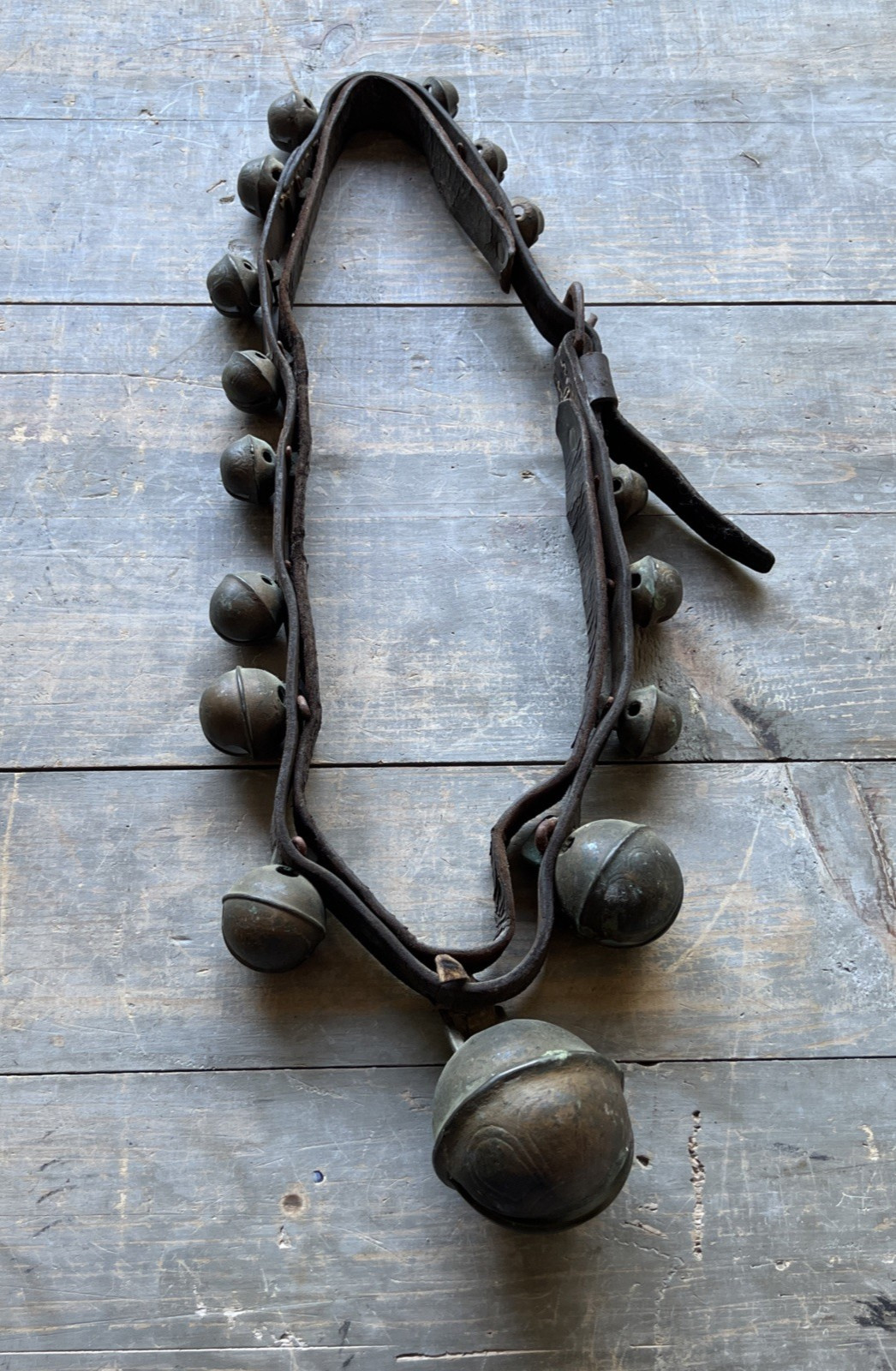 Antique 19th C Graduated Brass Petal Sleigh Bells on Leather Harness Strap