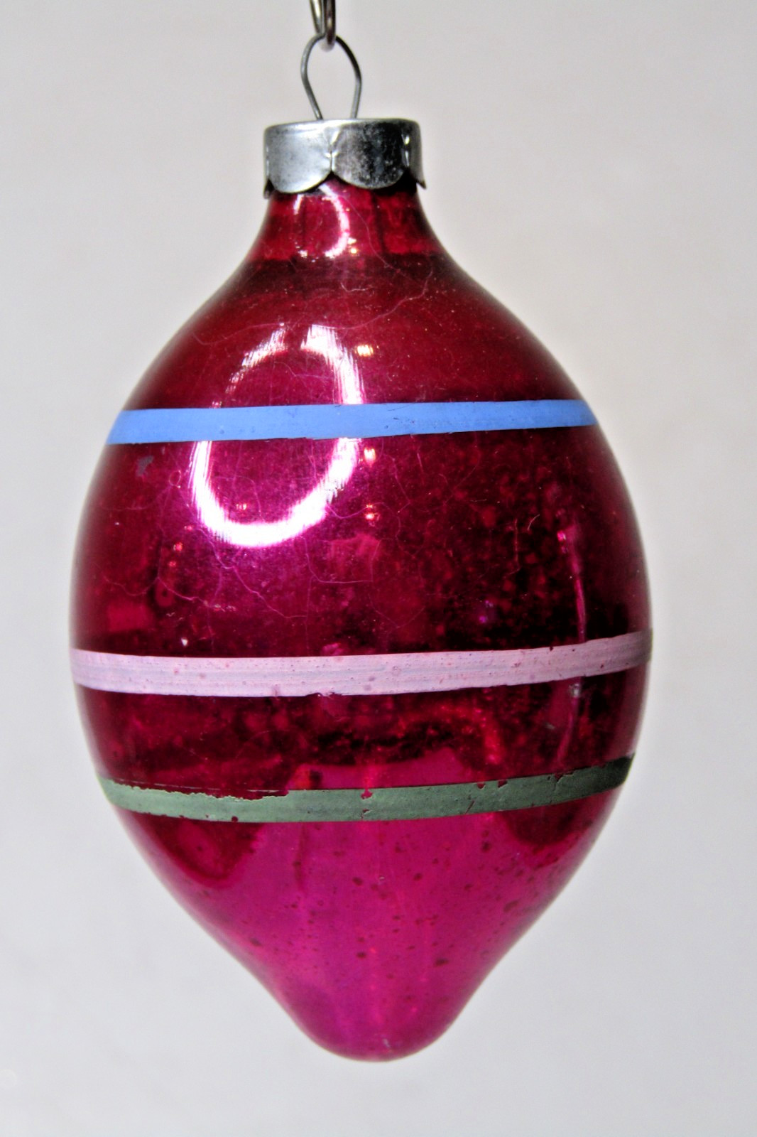 Vintage pre WWII Glass Striped Large DROP Christmas Ornament Corning Hot Pink