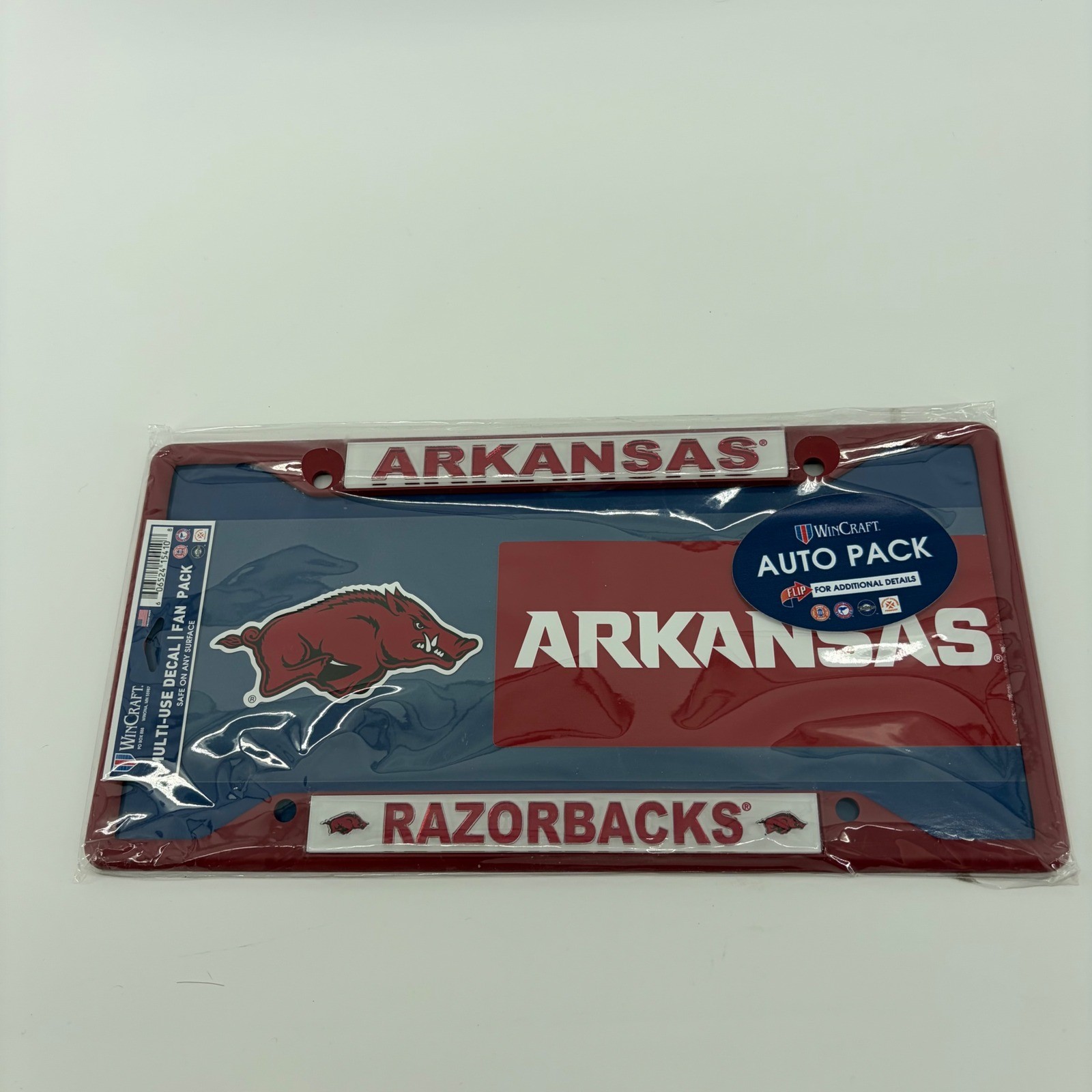 Arkansas Razorbacks Auto Pack License Plate Frame and Multi Use Decal Set