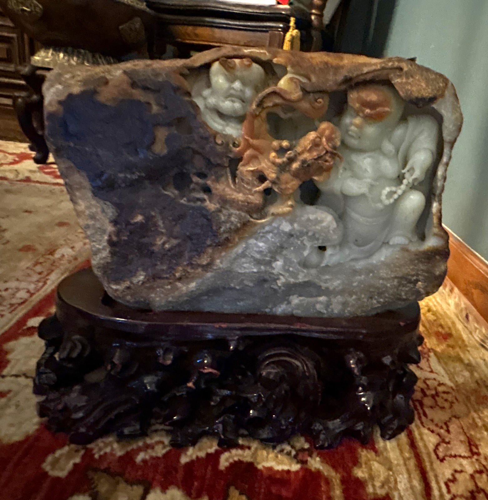 A rare and large Chinese jade carved ornament on wood carve stand