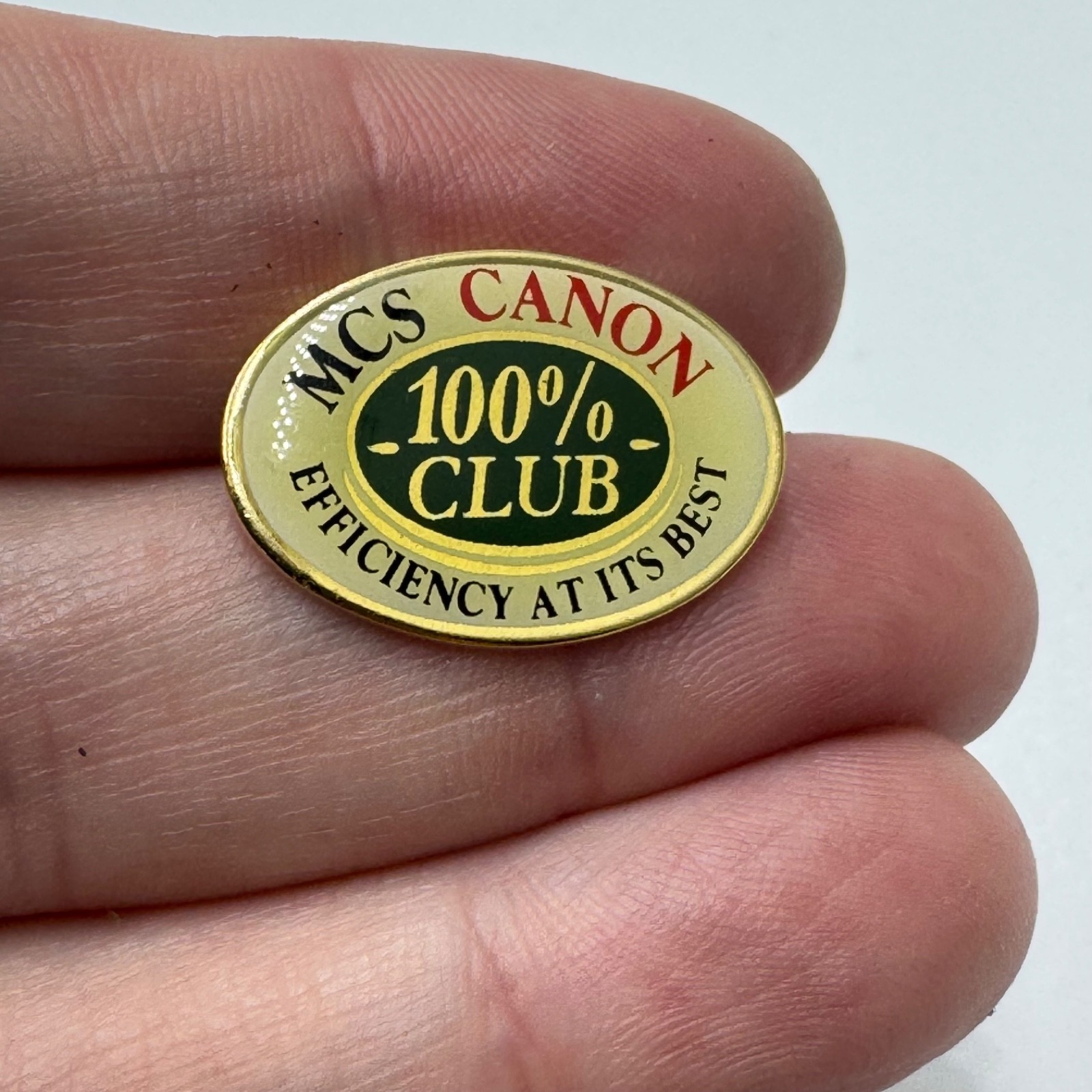 Vintage MCS Canon 100% Club Lapel Pin Gold Green Oval Efficiency Award Sales