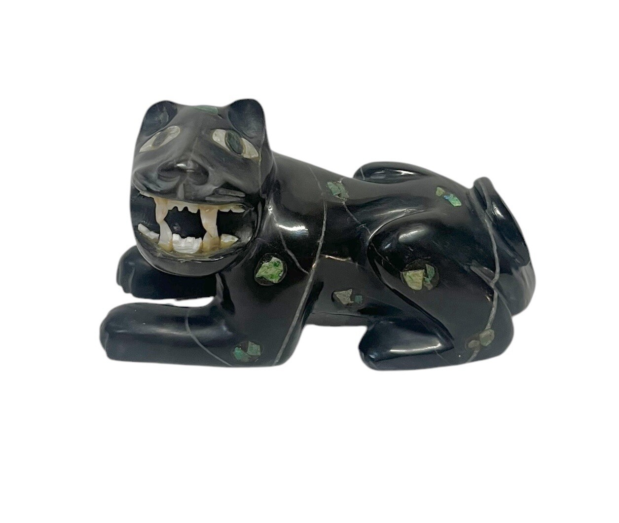 Antique Teotihuacan Obsidian Multistone Inlay Jaguar Fetish Sculpture Effigy