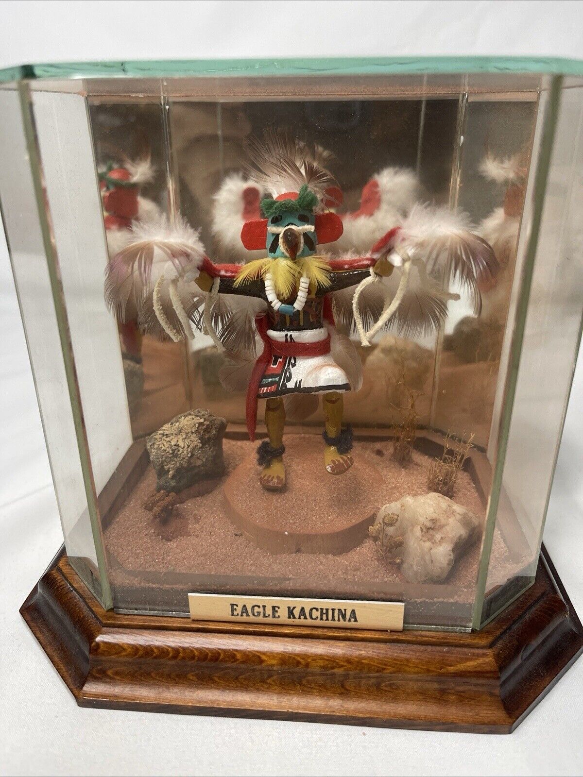 Hand Carve Navajo Eagle Dancer Kachina Doll With A Glass Box And Decoration Sand