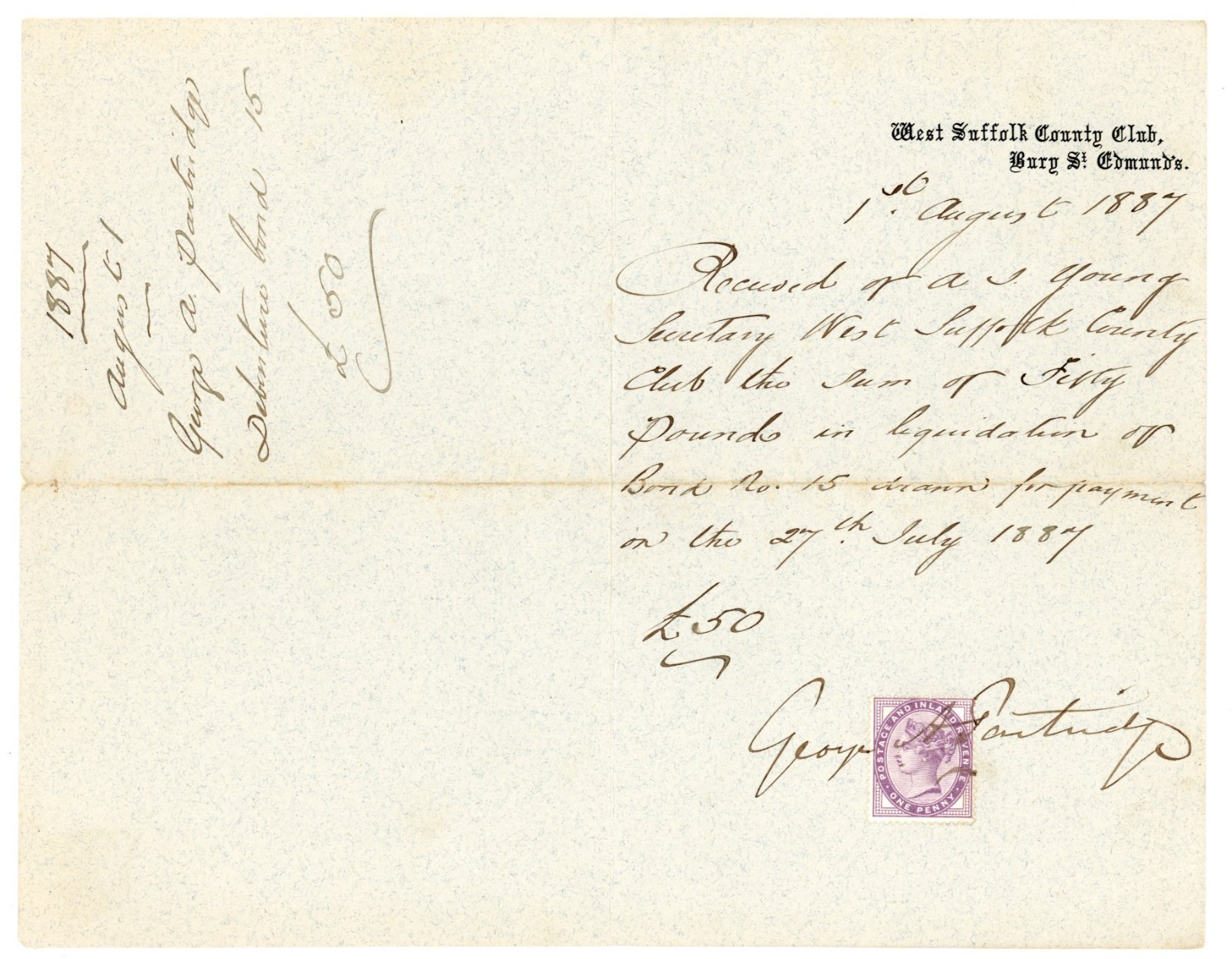 1887 Antique Manuscript Receipt West Suffolk County Club Bury St Edmunds Penny