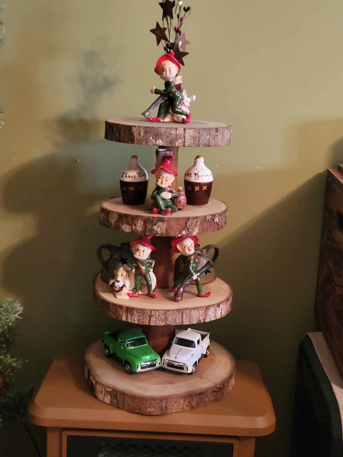 Josef Originals Hillbilly Elf Porcelain Vintage X5, 4 Jugs, Trucks, Wood 4 Tier Josef Originals Hillbilly Elf Porcelain Vintage X5, 4 Jugs, Trucks, Wood 4 Tier