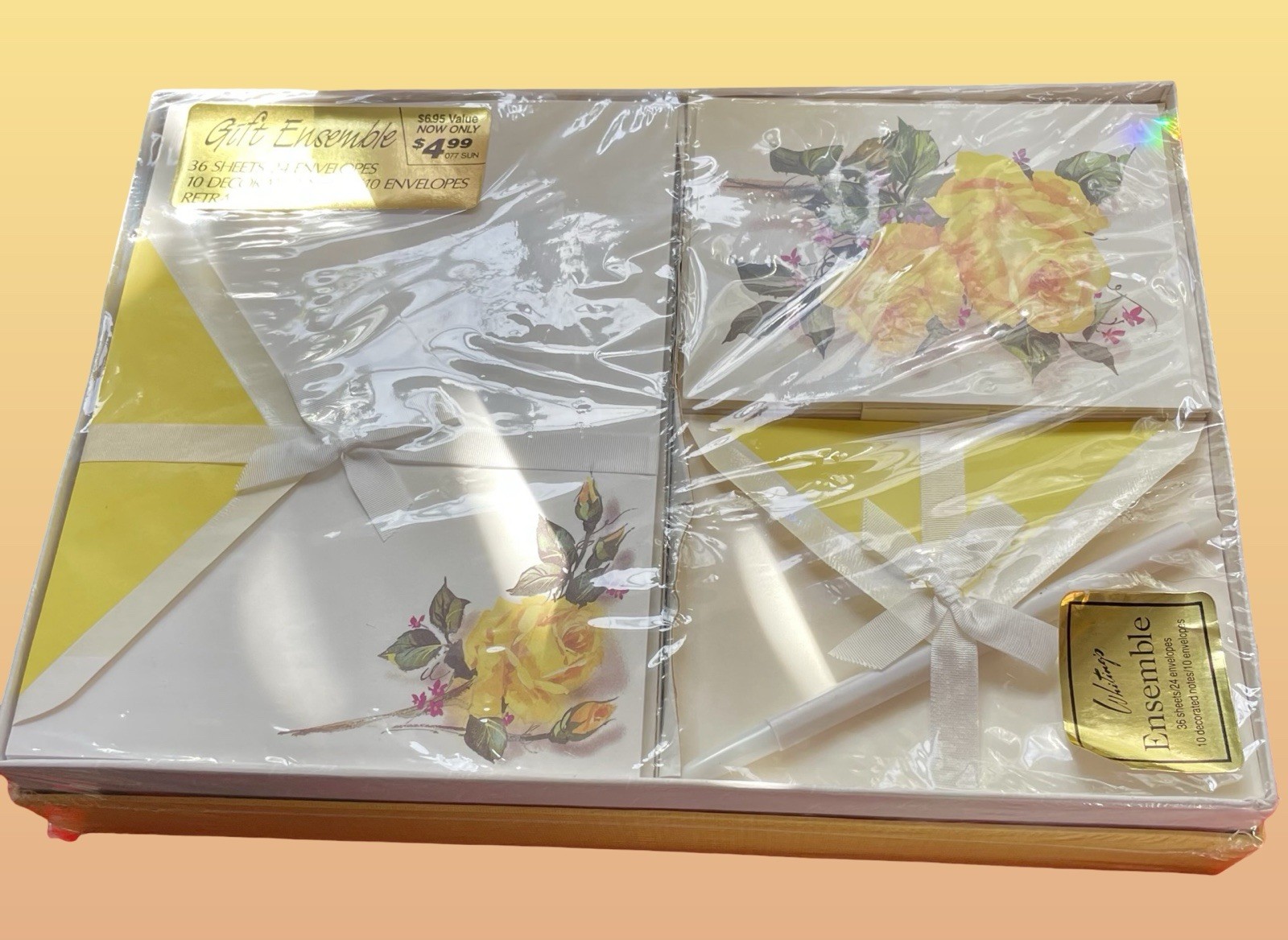 Vintage Yellow Roses Boxed Whiting\'s Stationery Gift Set with Pen. 70s-80s
