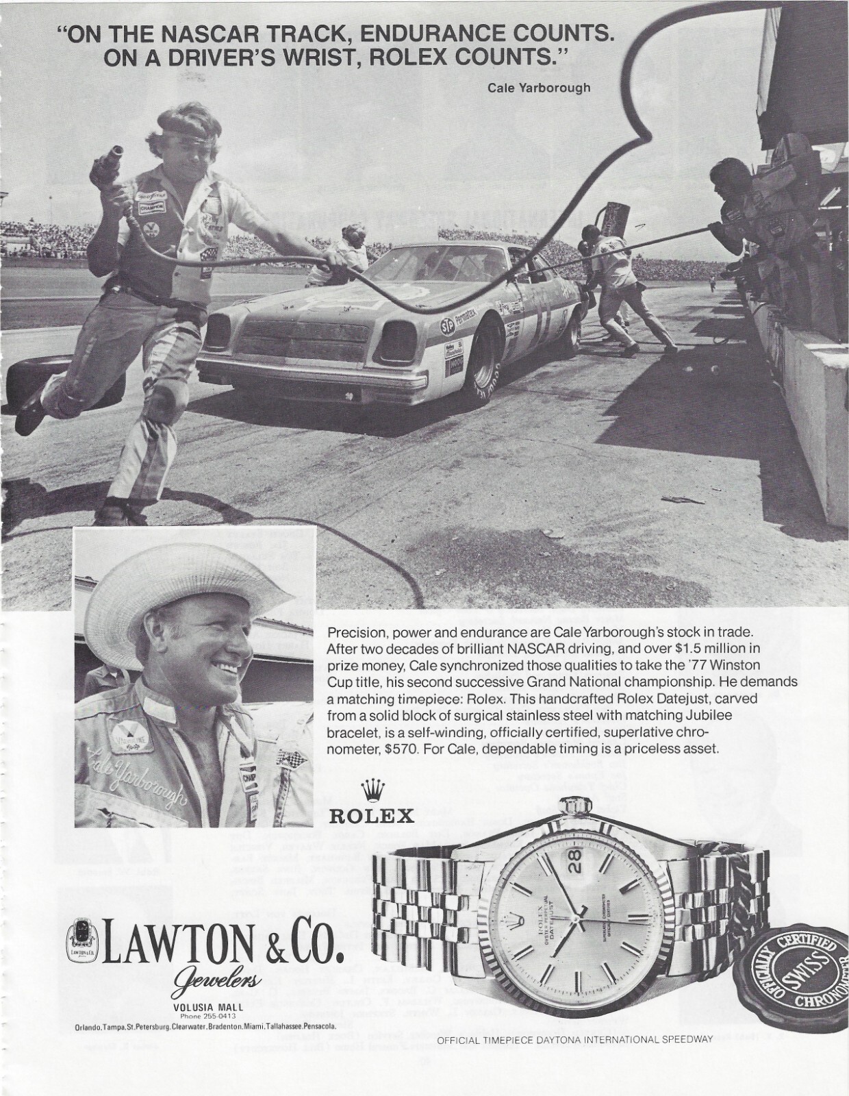 1978 Rolex Datejust Yarborough NASCAR Daytona 500 Watch Photo VINTAGE PRINT AD 1978 Rolex Datejust Yarborough NASCAR Daytona 500 Watch Photo VINTAGE PRINT AD