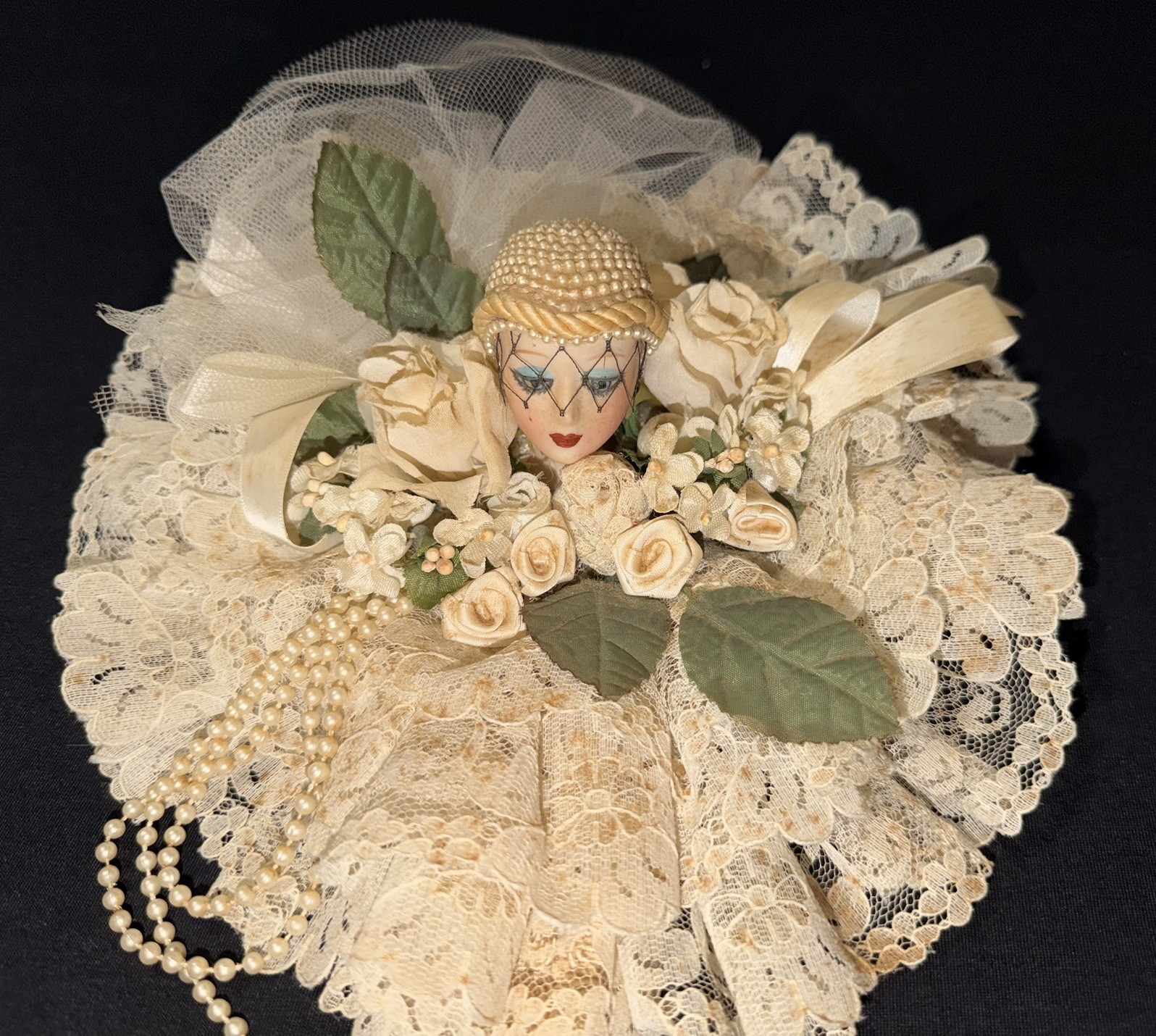 Vintage Hand Mirror Art Deco Flapper Lady Face Custom Lace Faux Pearls Ribbon Vintage Hand Mirror Art Deco Flapper Lady Face Custom Lace Faux Pearls Ribbon