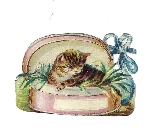 1888 Chromo, Fantasy PINK PILLBOX KITTEN, Antique Victorian Die-Cut Scrap, 2 1888 Chromo, Fantasy PINK PILLBOX KITTEN, Antique Victorian Die-Cut Scrap, 2