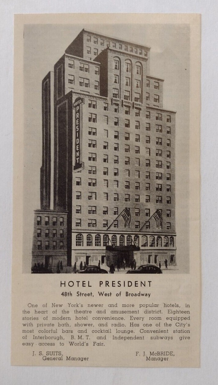 1939 Hotel President Advertisement New York City