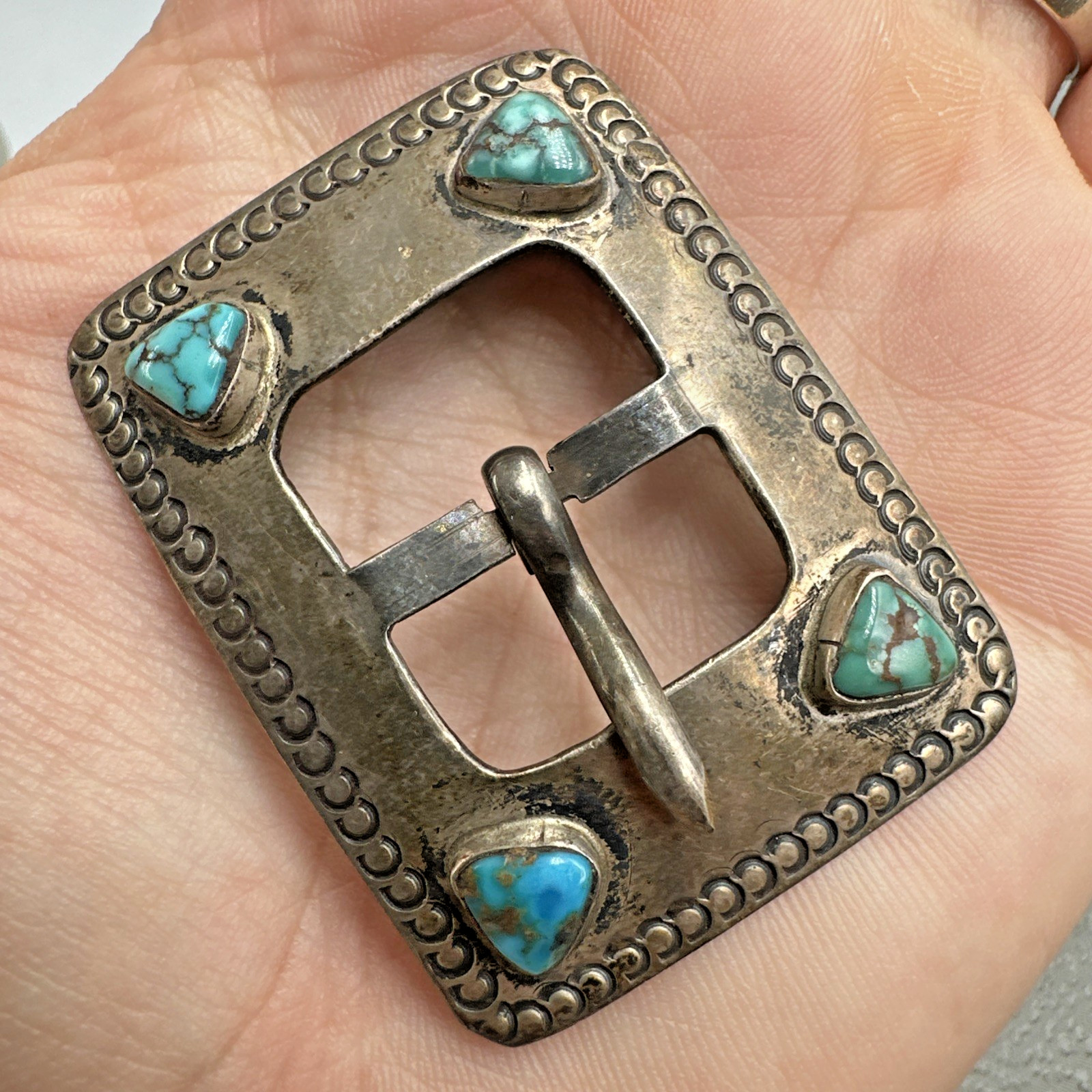 Vtg Native? Southwestern Sterling Silver Turquoise Buckle ~0.75” Belt Signed JCS Vtg Native? Southwestern Sterling Silver Turquoise Buckle ~0.75” Belt Signed JCS