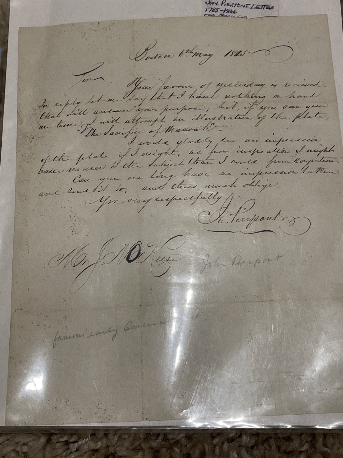 1815 Rare J. P. MORGAN Boston LETTER John PIERPONT MORGAN Poet Illustrator