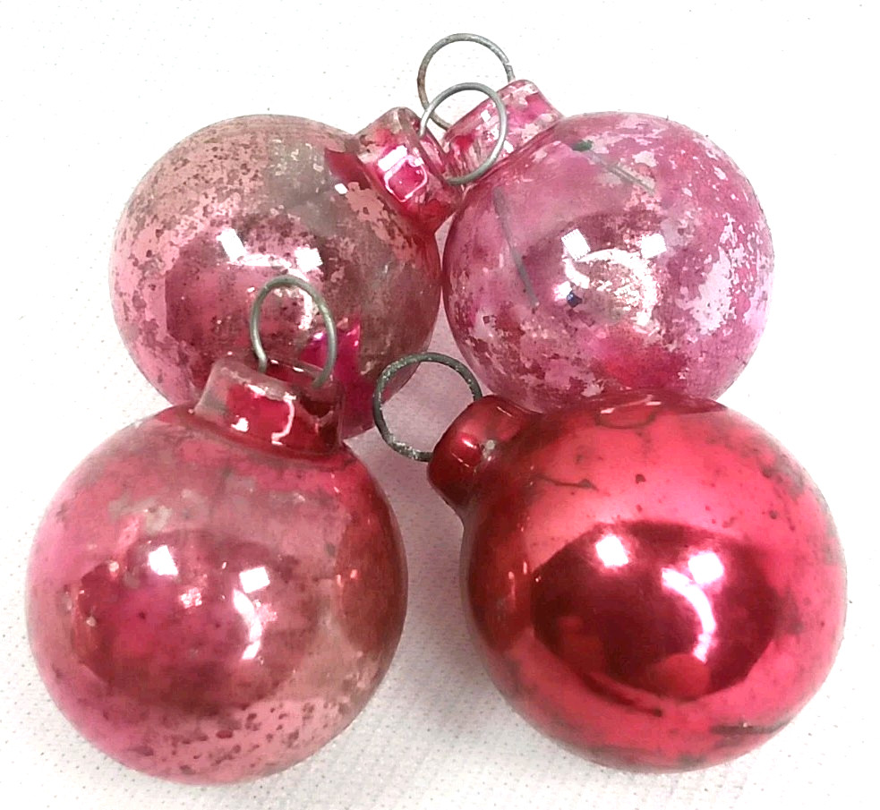 Antique 1940s Pink Glass Feather Tree Christmas Ornament Set Of 4