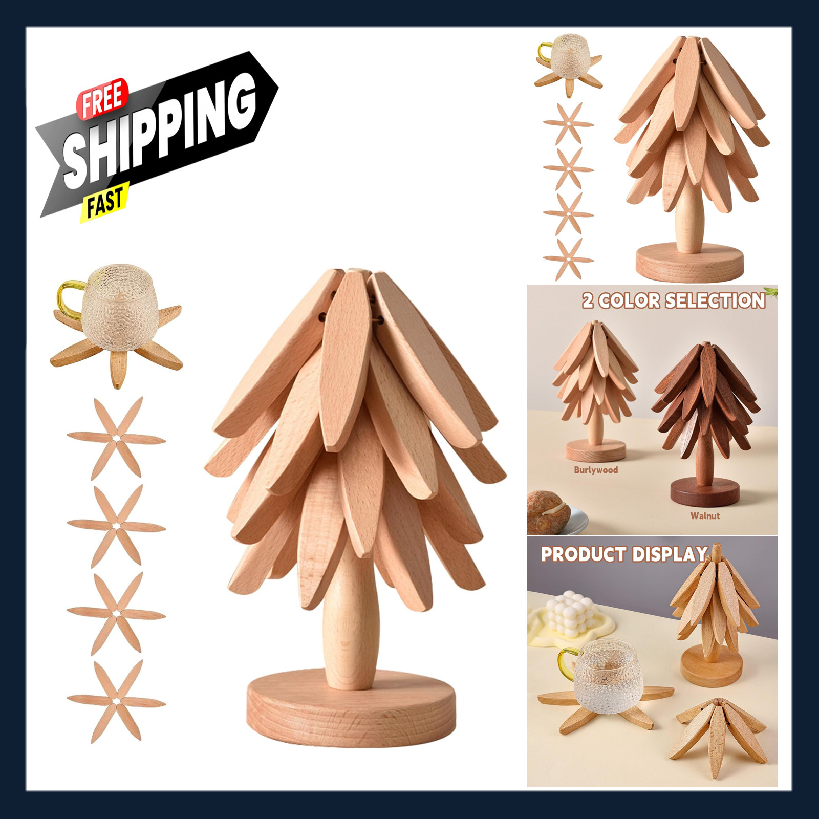 Wooden Trivet Set Foldable Tree Shape 4 Pieces Walnut Wood 7.8 Inch Beige Hot