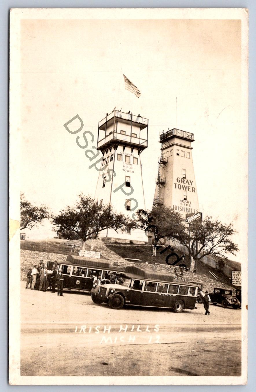 WA1/ Irish Hills Michigan RPPC Postcard c1940s Observation Tower Bus 212