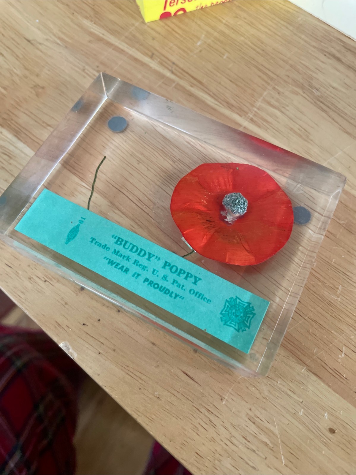 Vintage 1980s VFW Buddy Poppy Acrylic Paperweight Rectangular Lucite Block