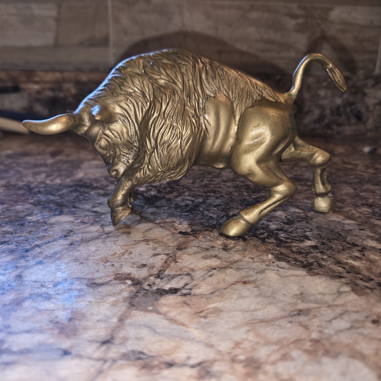  Vintage Solid Brass Bull Has Patina ..... Wall Street Charging Bull Spanish?