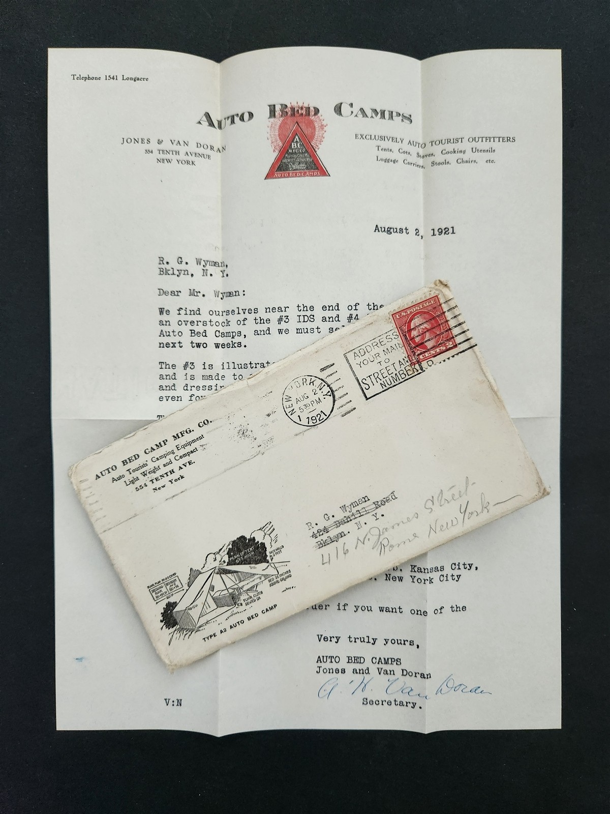 1921 antique AUTO BED CAMPS letterhead env ny JONES VAN DORAN auto tent camping