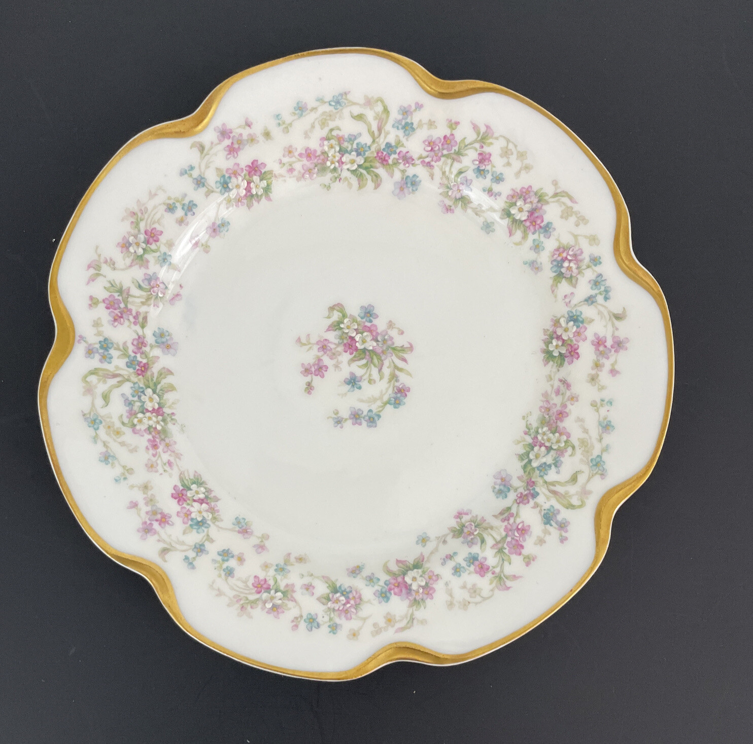 Haviland Limoges France 2 Dessert Plates White Pink Blue Heavy Gold Scallop 7