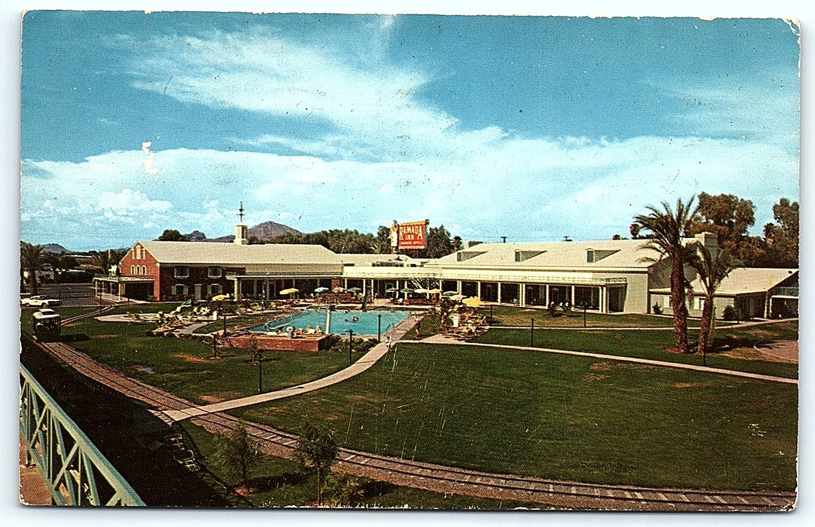 Vintage Ramada Inn Phoenix AZ Postcard with Pool & Stamp