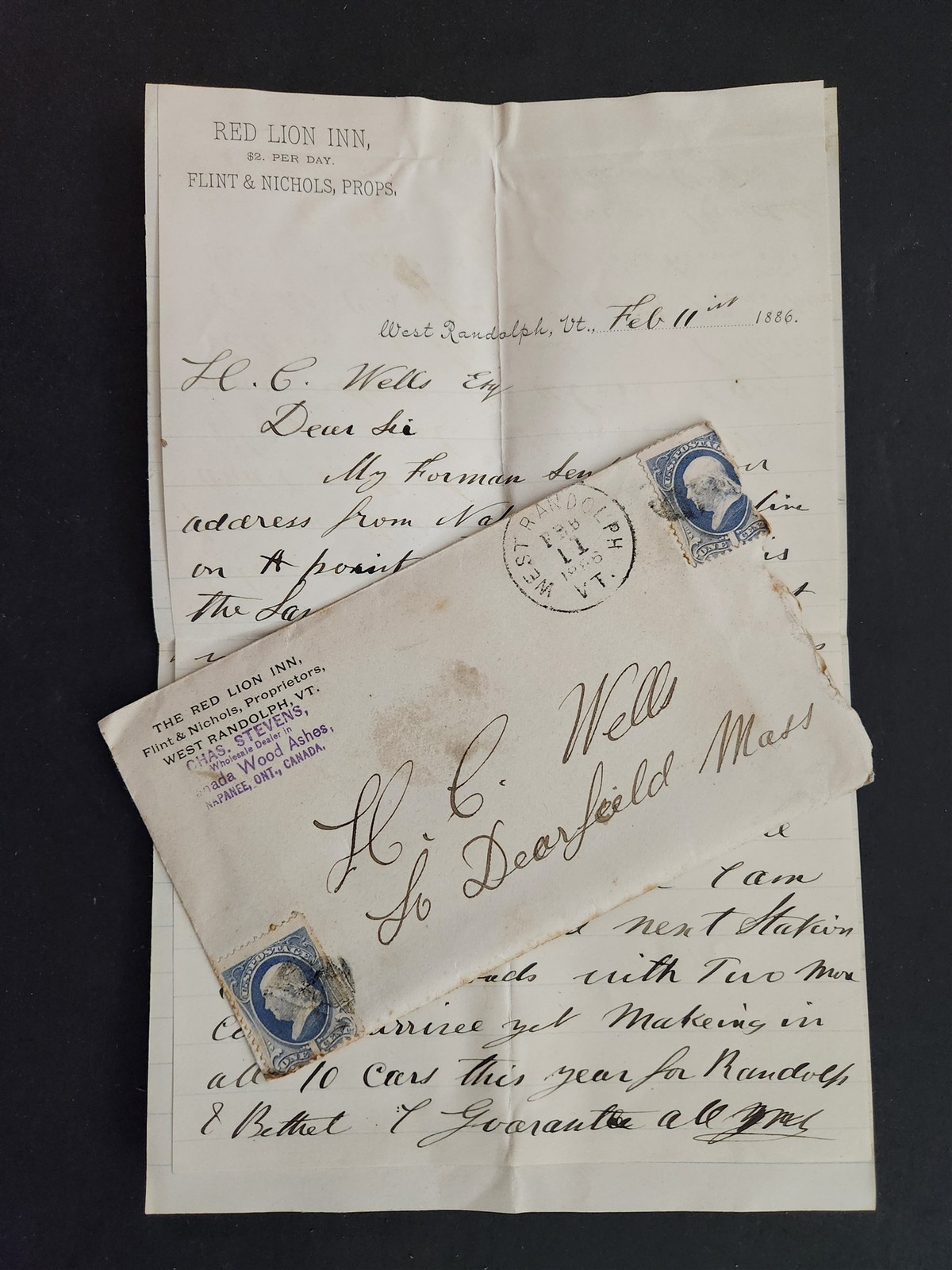 1886 antique RED LION INN west randolph vt LETTERHEAD shipping wood ashes rr